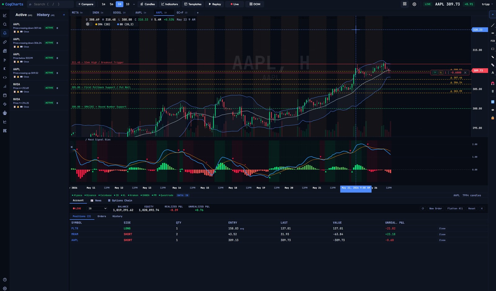 CogCharts — Alerts panel, price alerts, hourly chart